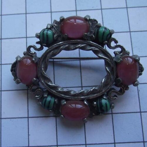Silver Plated Medieval Stoned Brooches 11 HLB003SPred-green