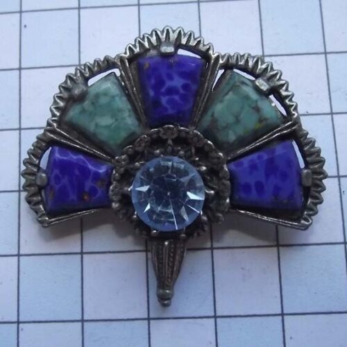 Silver Plated Medieval Stoned Brooches 27 HLB016SPblue_green