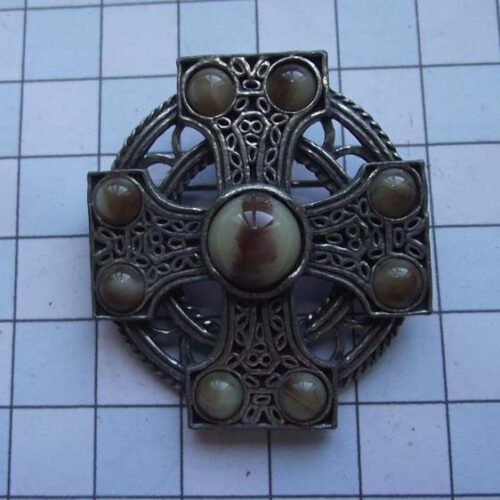 Silver Plated Medieval Stoned Brooches 34 HLB024SPbrown-green
